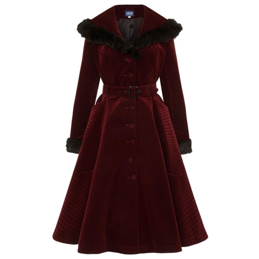 Collectif Elegant Burgundy Coat with Fur Trim